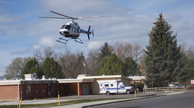 Helicopter landing at Nell J. Redfield Memorial Hospital